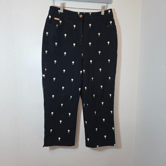 St. John Sport Black Straight Leg Cropped Embroidered Golf Balls Pants Size 4 - Picture 1 of 8